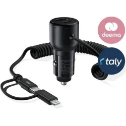 Choetech PD65W USB-C+USB-A Fast Car Charger with Coiled Cable - Black